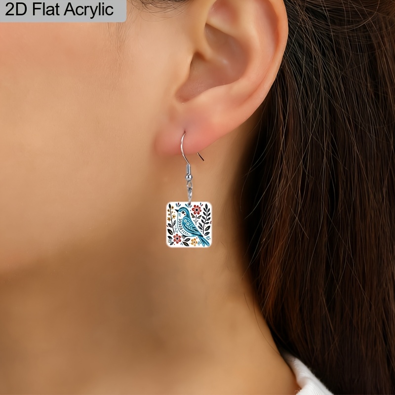 Women's Colorful Floral & Blue Bird Acrylic Dangle Earrings